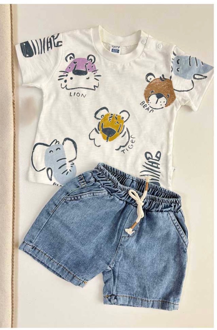 Set conjunto 2 piezas camisa blanca animales short azul bebe niño Tinytots 3357