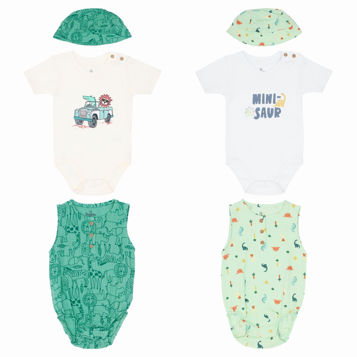 Set 3 piezas mameluco beige verde gorro verde lima bebe niño Tinytots HOFHB01