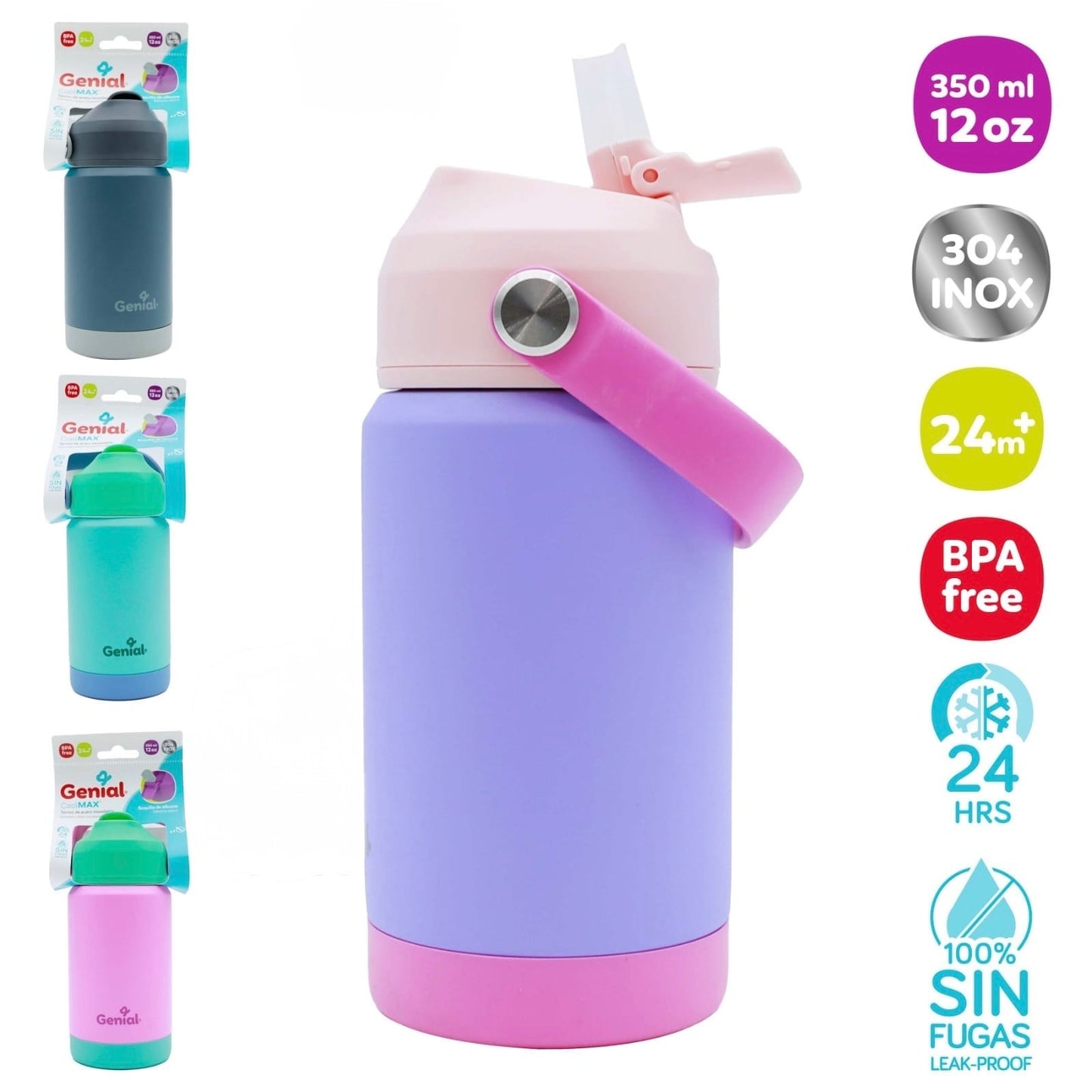 Termo térmico acero inoxidable Genial Boquilla Silicona Rosado 350ml/12onz