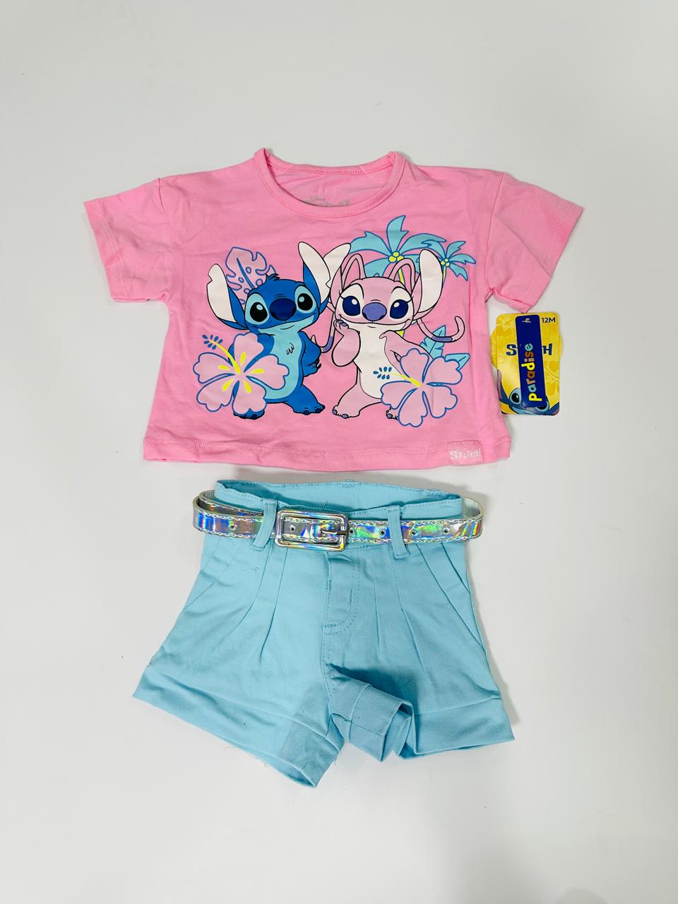 Set conjunto camisa rosada short azul celeste niña Stitch D9-STI-166B