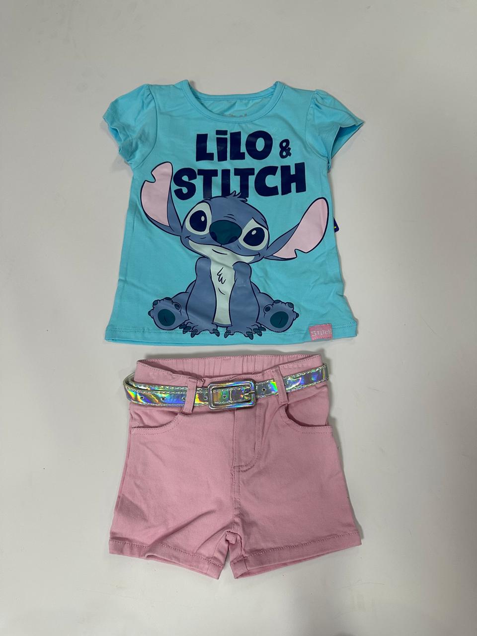 Set conjunto camisa azul celeste short rosado stitch niña D9-STI-108D