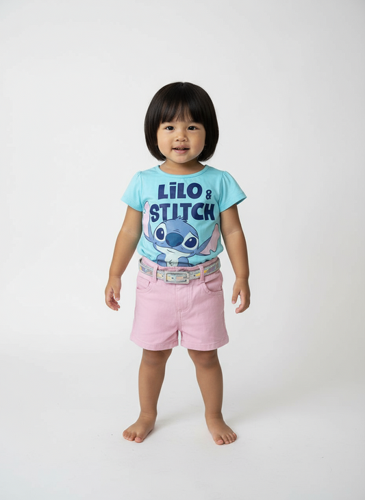 Set conjunto camisa azul celeste short rosado stitch niña D9-STI-108D