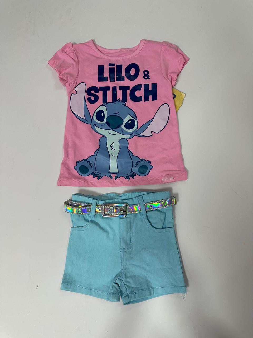 Set conjunto camisa rosada short azul celeste stitch niña D9-STI-108D