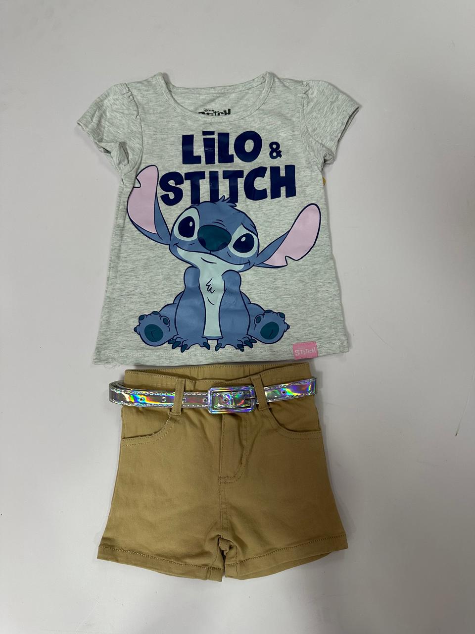 Set conjunto camisa gris short beige stitch niña D9-STI-108D