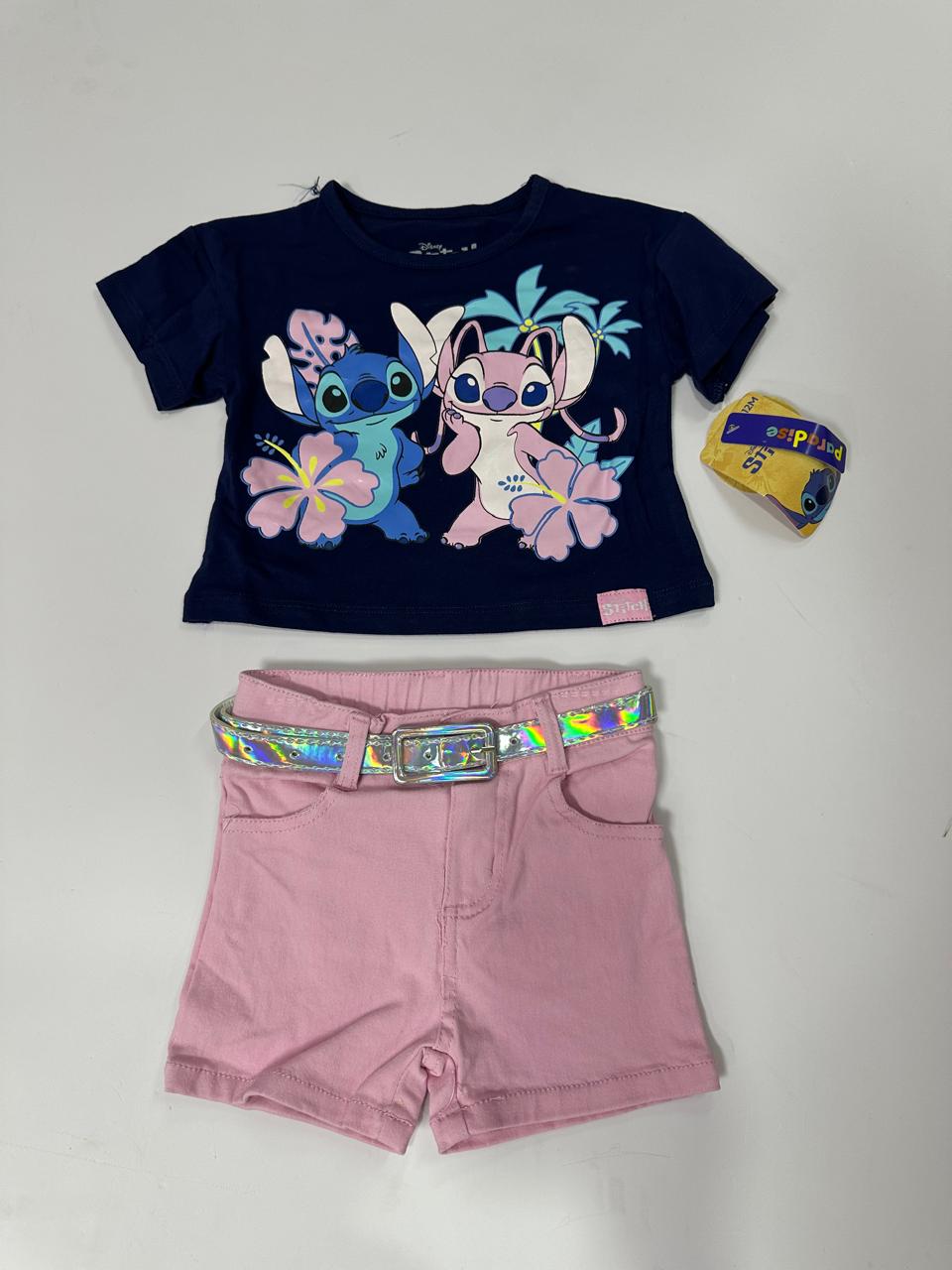 Set conjunto camisa azul oscuro short rosado niña Stitch D9-STI-166B
