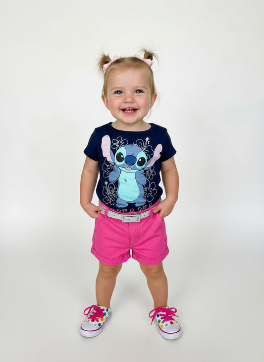 Set conjunto camisa azul oscuro short rosado niña Stitch D9-STI-109D