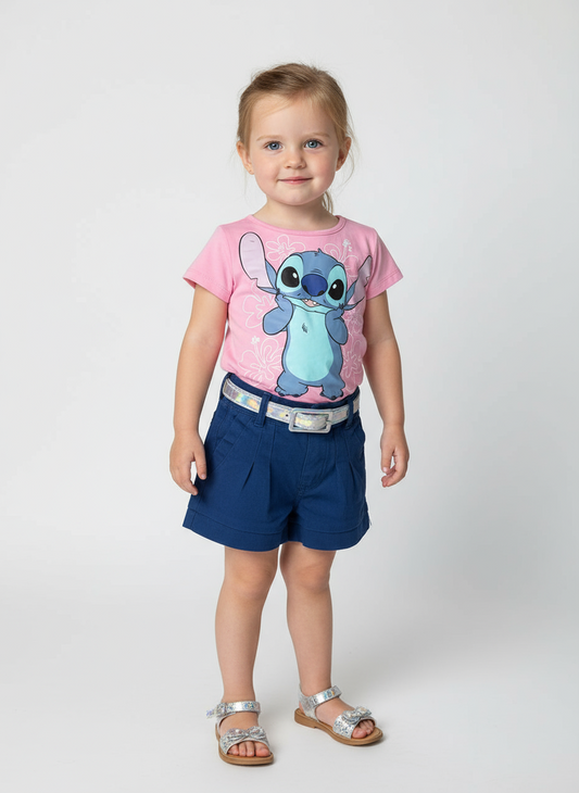 Set conjunto camisa rosada short azul niña Stitch D9-STI-109D