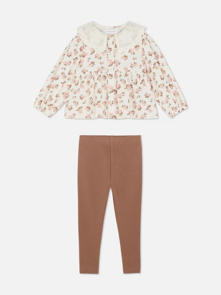 Set conjunto 2 piezas camisa floreada leggins café niña Primark