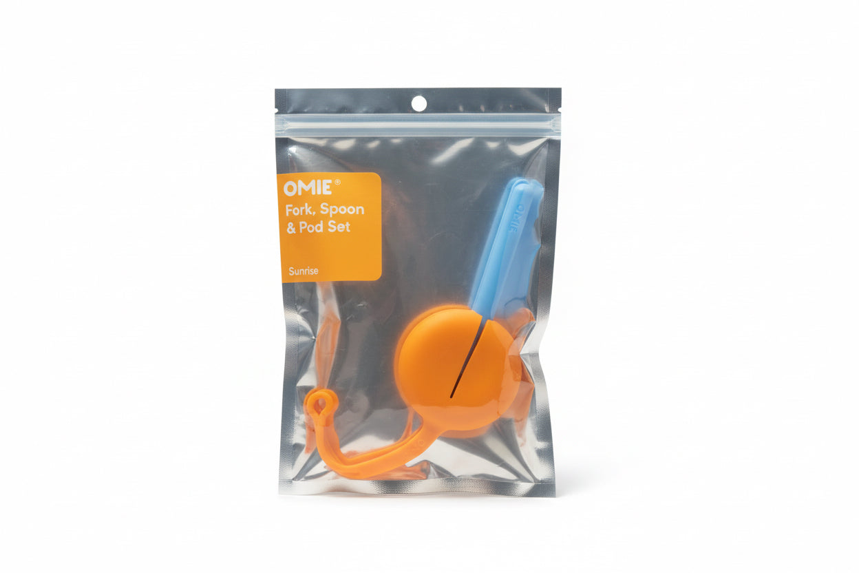 Set tenedor y cuchara Omie azul naranja niño niña