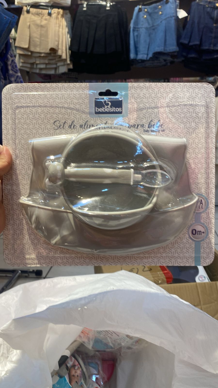Set alimentacion plato babero cuchara bebe niño niña bebesitos gris