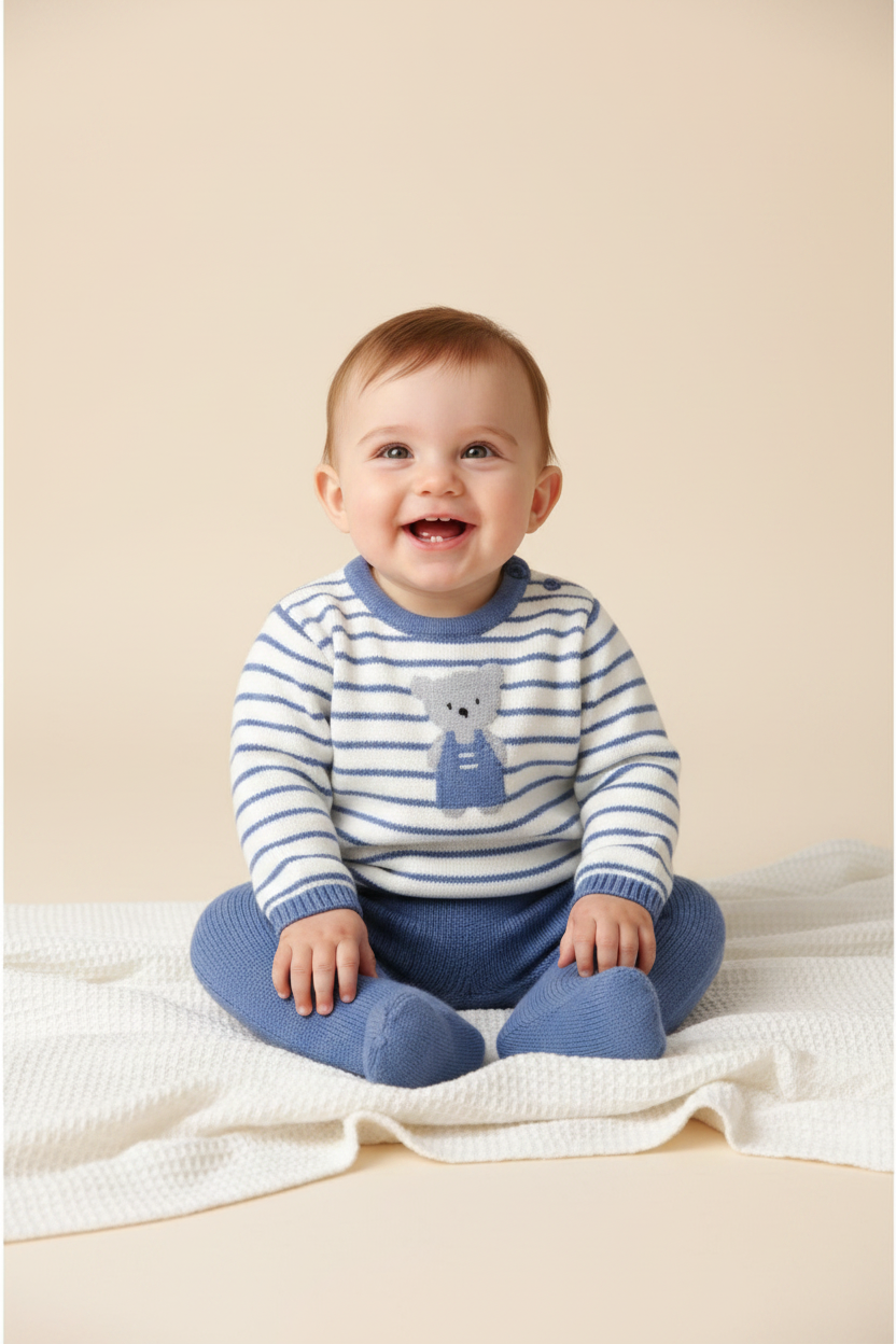 Set conjunto 2 piezas sueter blanco pantalon azul celeste bebe niño salida hospital sa2410145840430414