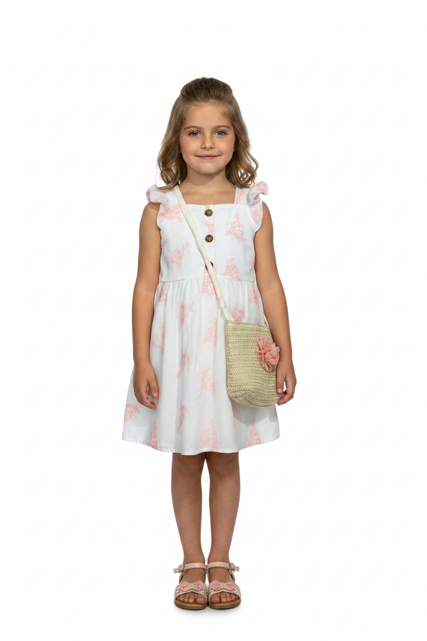 Vestido blanco naranja cartera beige niña