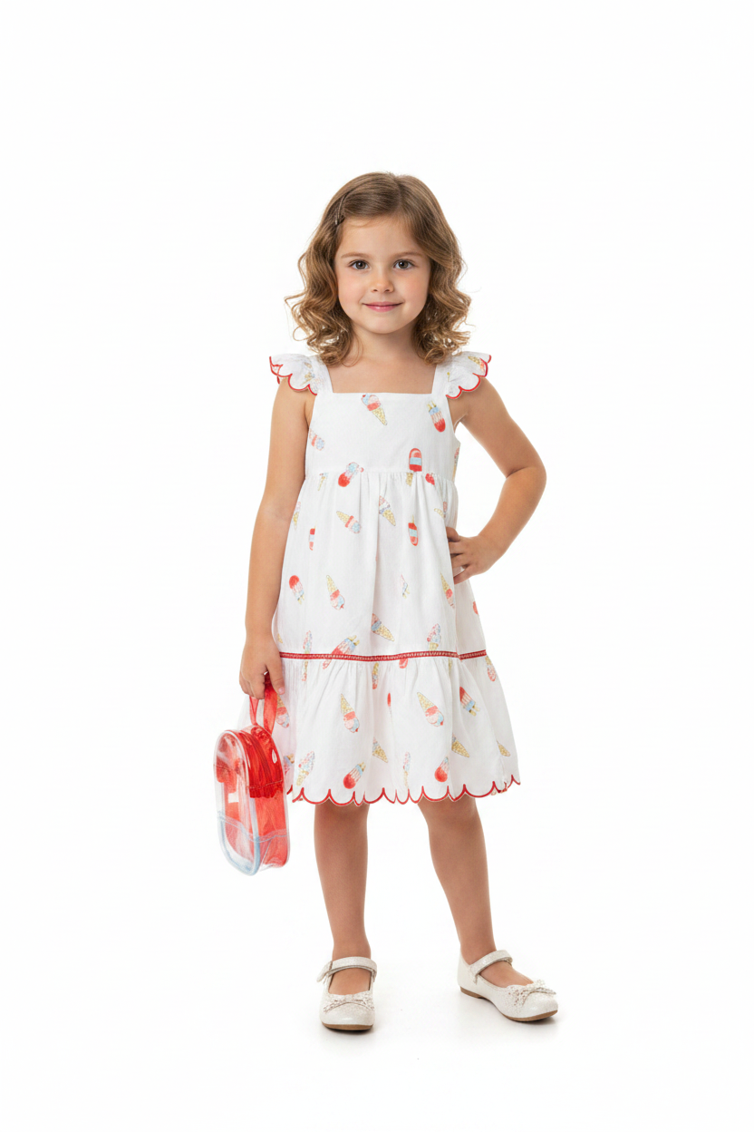 Vestido blanco cartera roja paletas niña