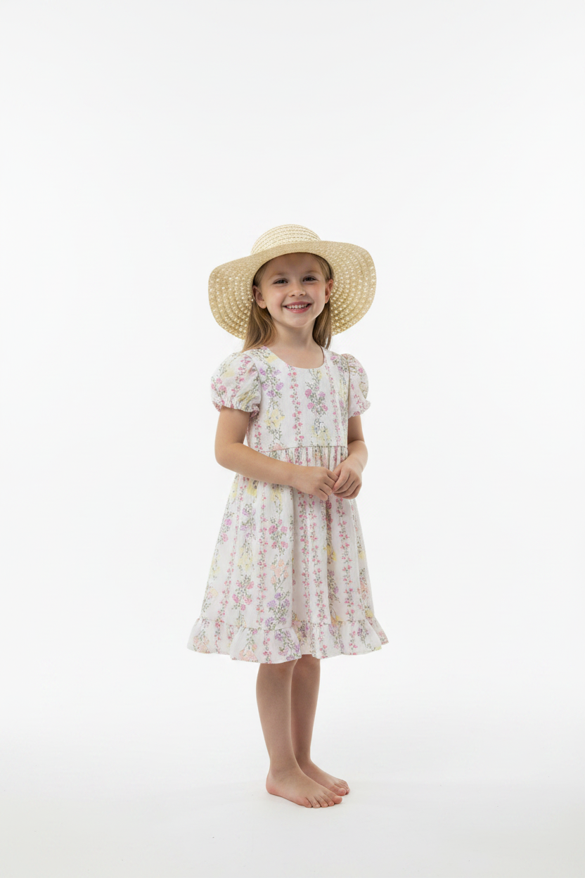 Vestido blanco floreado niña sombrero