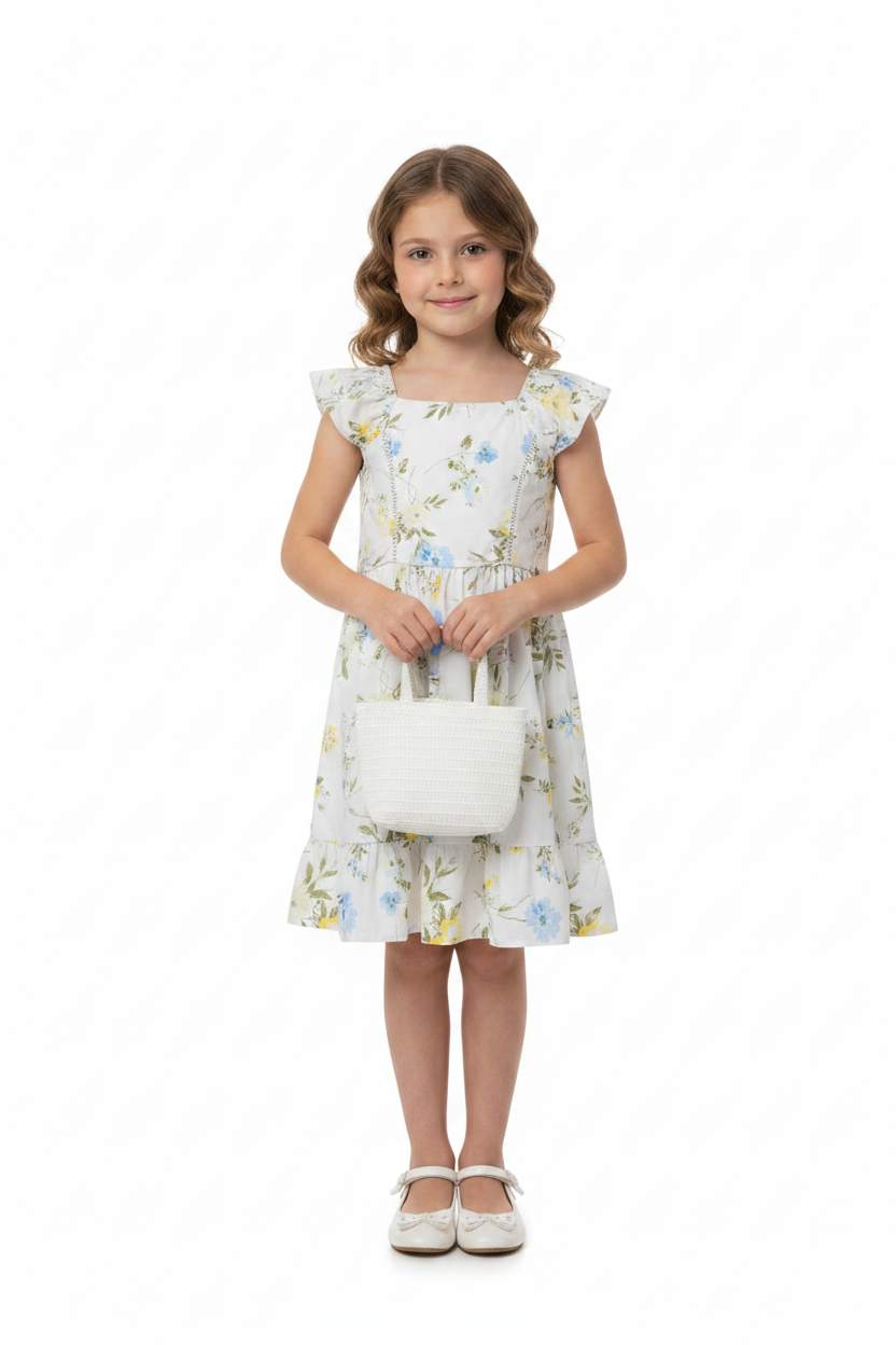 Vestido blanco floreado con cartera