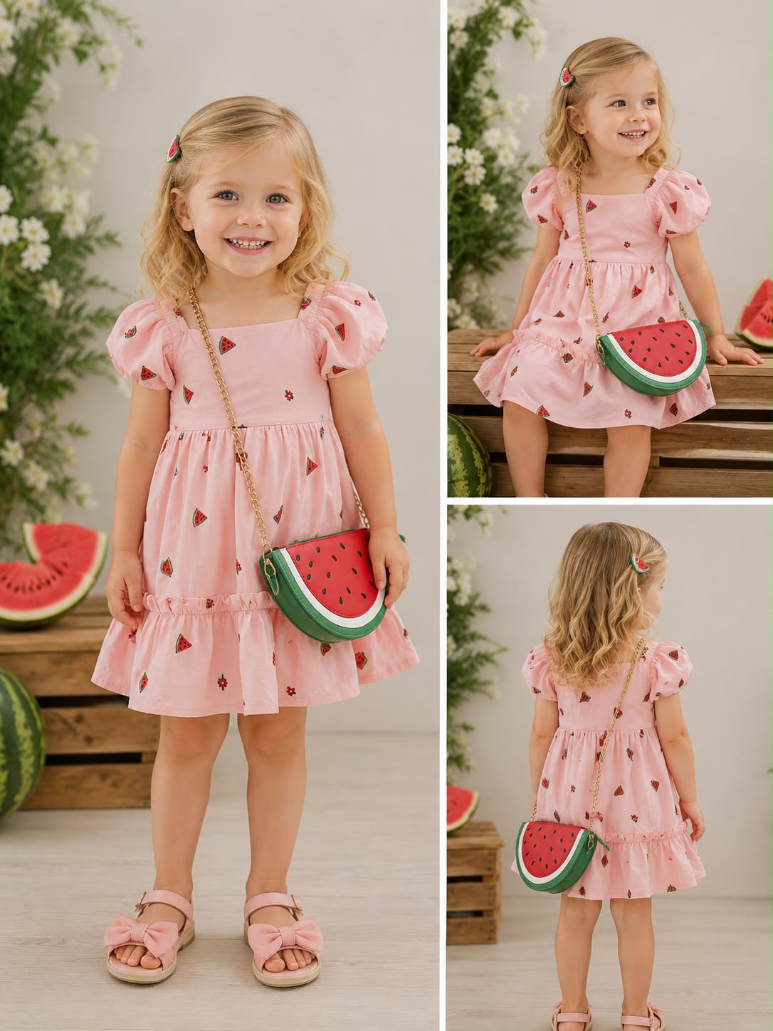 Vestido rosado cartera roja verde sandía niña