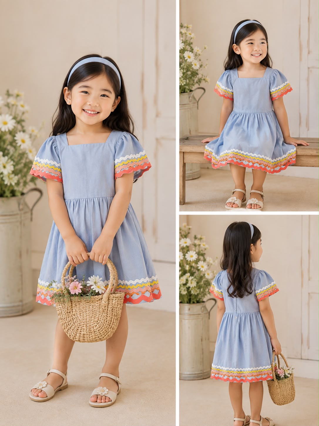 Vestido azul celeste cartera beige niña