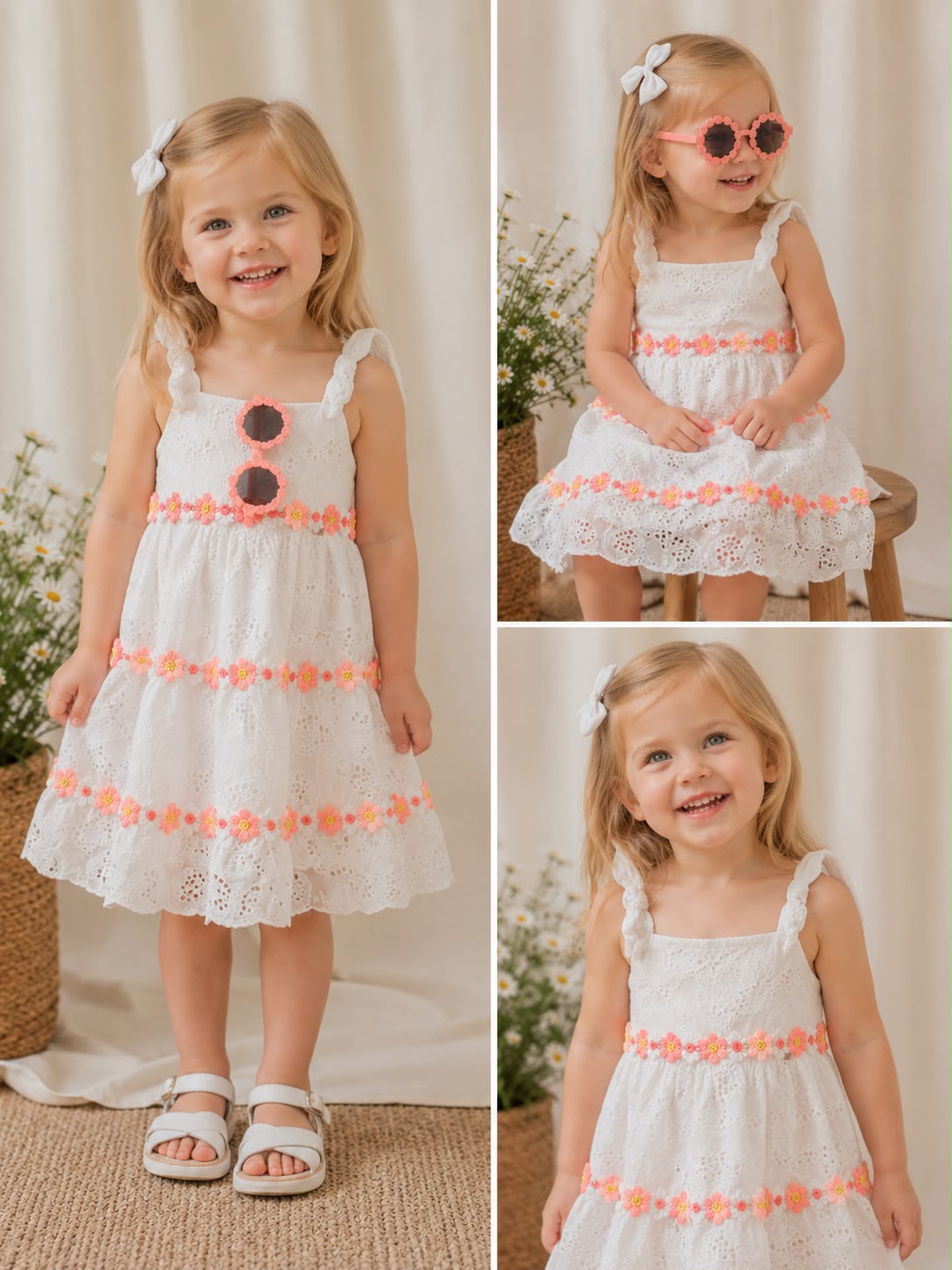Vestido blanco flores lentes rosado niña