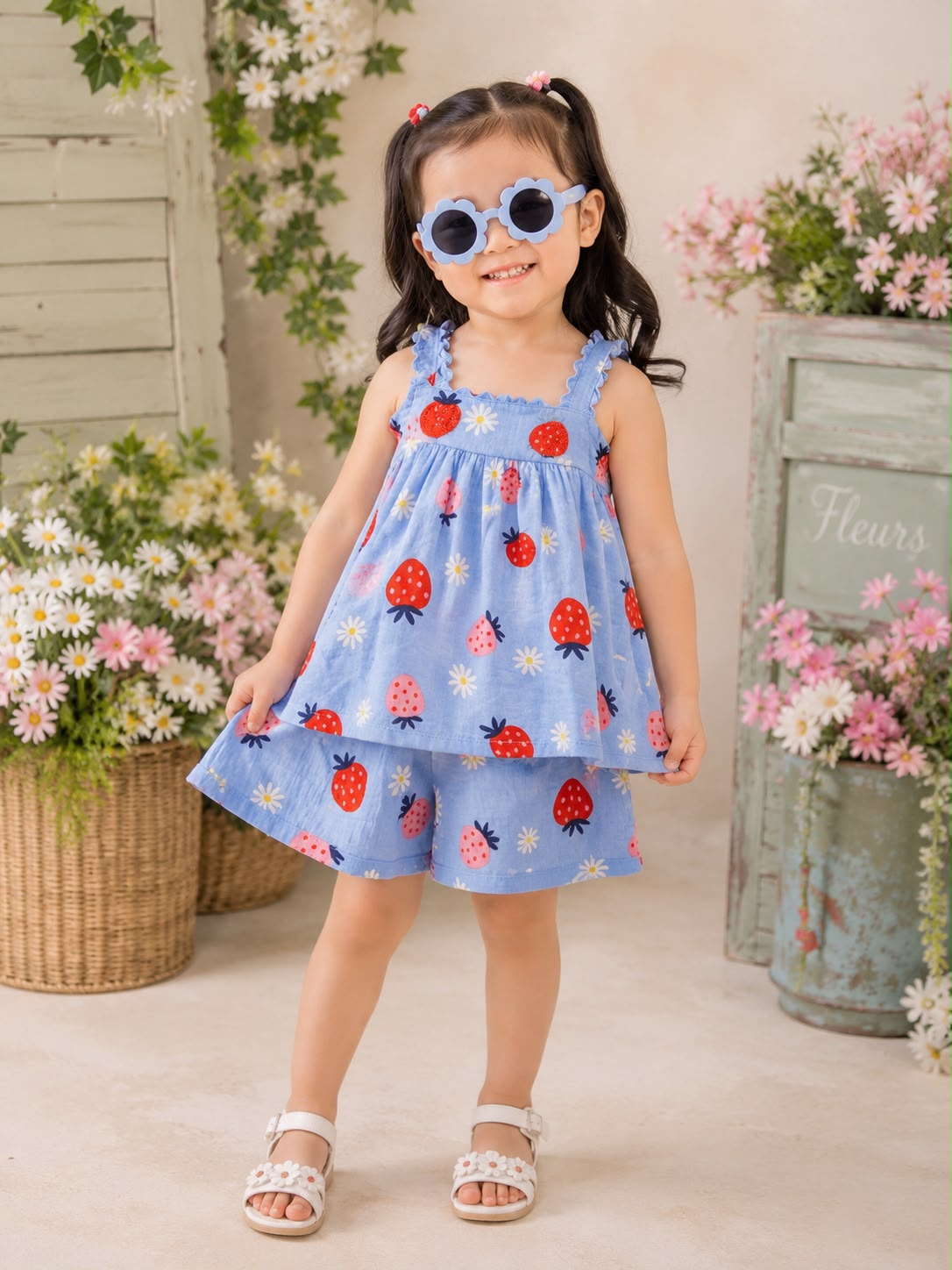 Set azul fresas lentes niña