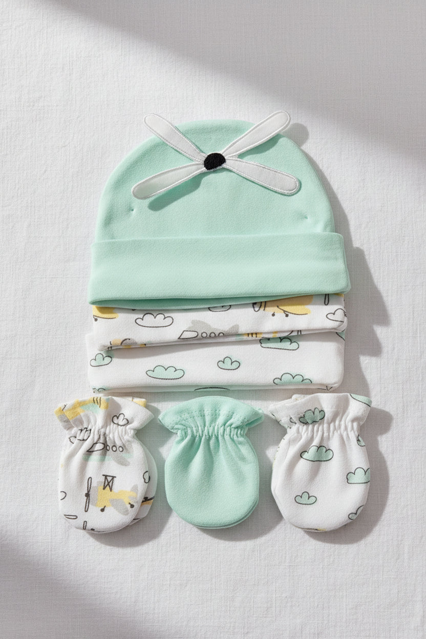 Set gorro chongo guantes manoplas verde blanco bebe niño 81526