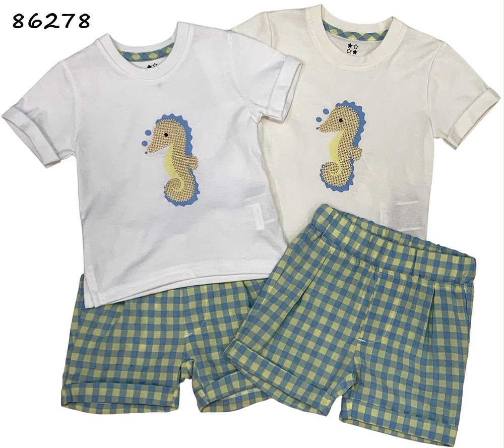 Set conjunto 2 piezas camisa blanca caballo de mar short azul amarillo bebe niño 86278