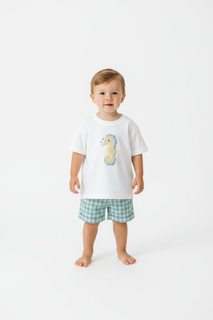 Set conjunto 2 piezas camisa blanca caballo de mar short azul amarillo bebe niño 86278