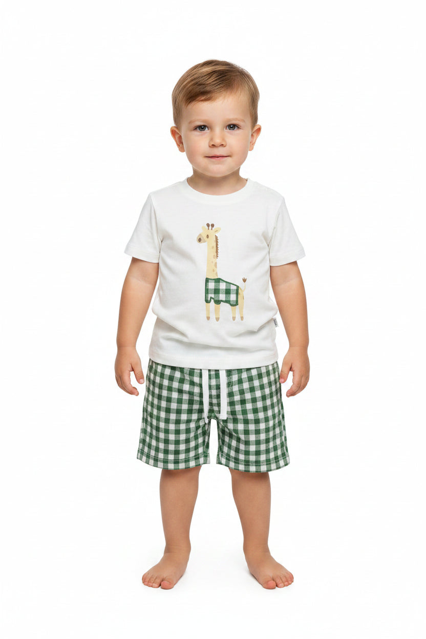 Set conjunto 2 piezas camisa beige jirafa short azul bebe niño 86285