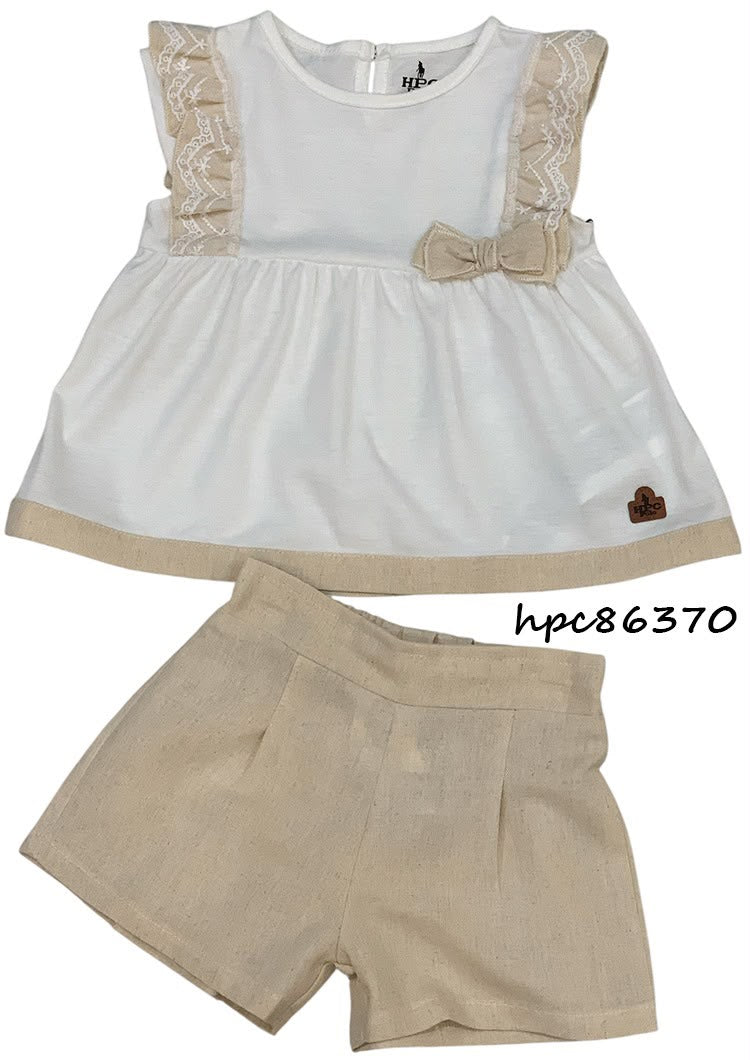 Set conjunto 2 piezas camisa short beige blanco bebe niña HPC86370