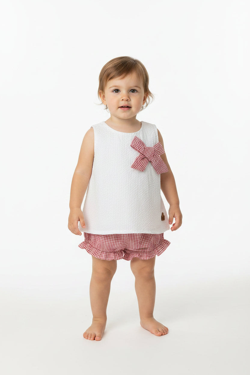 Set conjunto 2 piezas camisa blanca chongo rojo short cuadros bebe niña polo HPC 86363 español