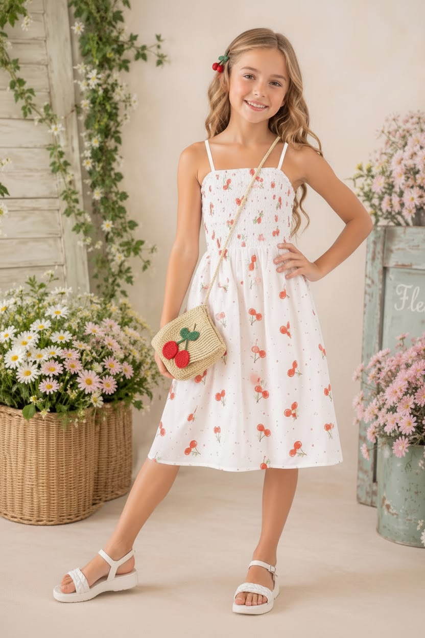 Vestido blanco cereza cartera beige
