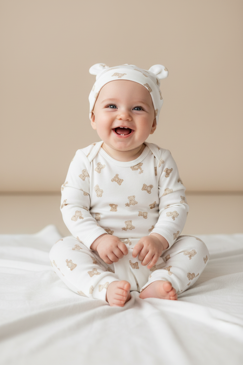 Set 3 piezas mameluco gorro pantalon osito blanco bebe niño H&M 0979605123 salida hospital