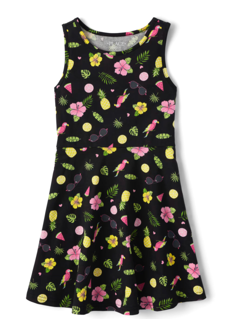 Vestido childrens place negro flores frutas verano promo 4x1000