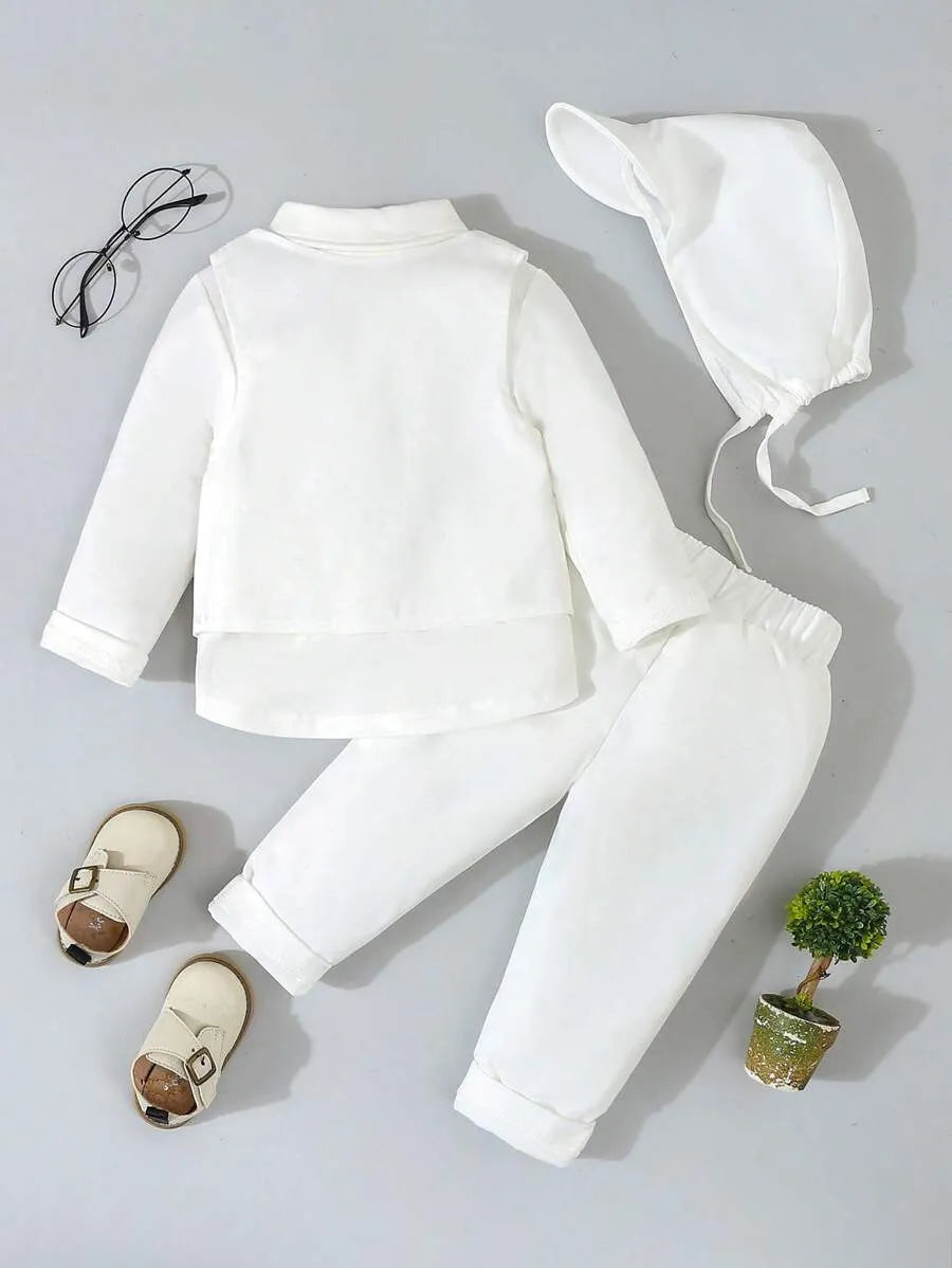 Set 4 piezas bautizo camisa blanca corbata moño chaleco pantalones sombrero blanco bebe niño sa2403083111466643