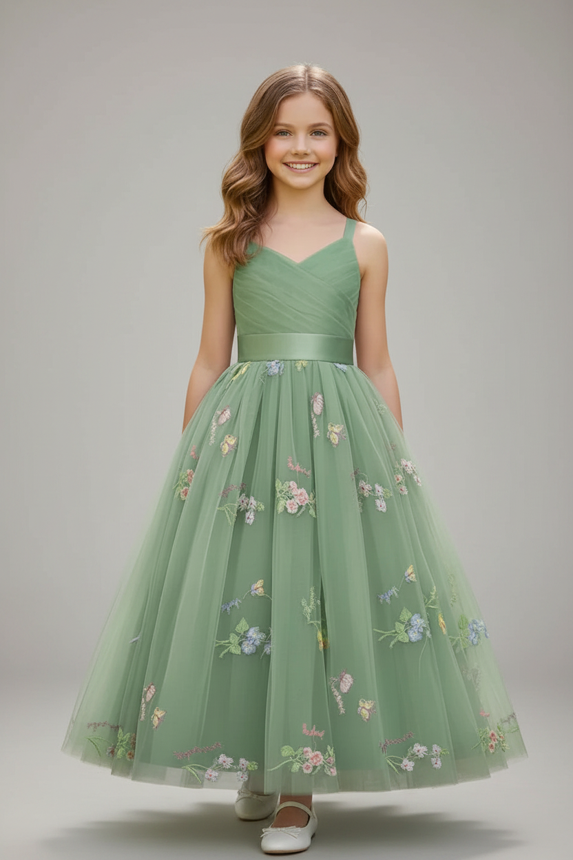 Vestido verde niña gala evento flores sk25070397888752936