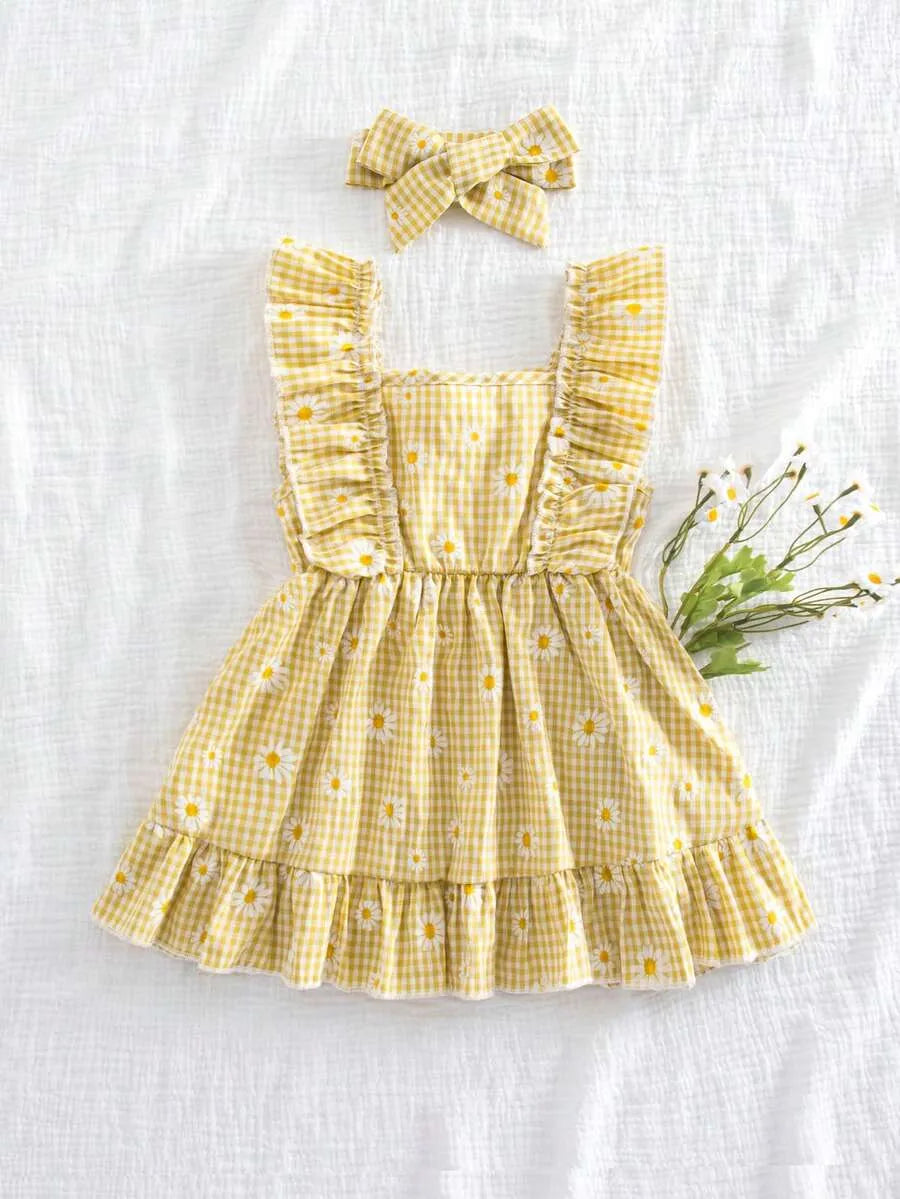 Set 2 piezas vestido diadema amarillo floreado sa260120193533490742894