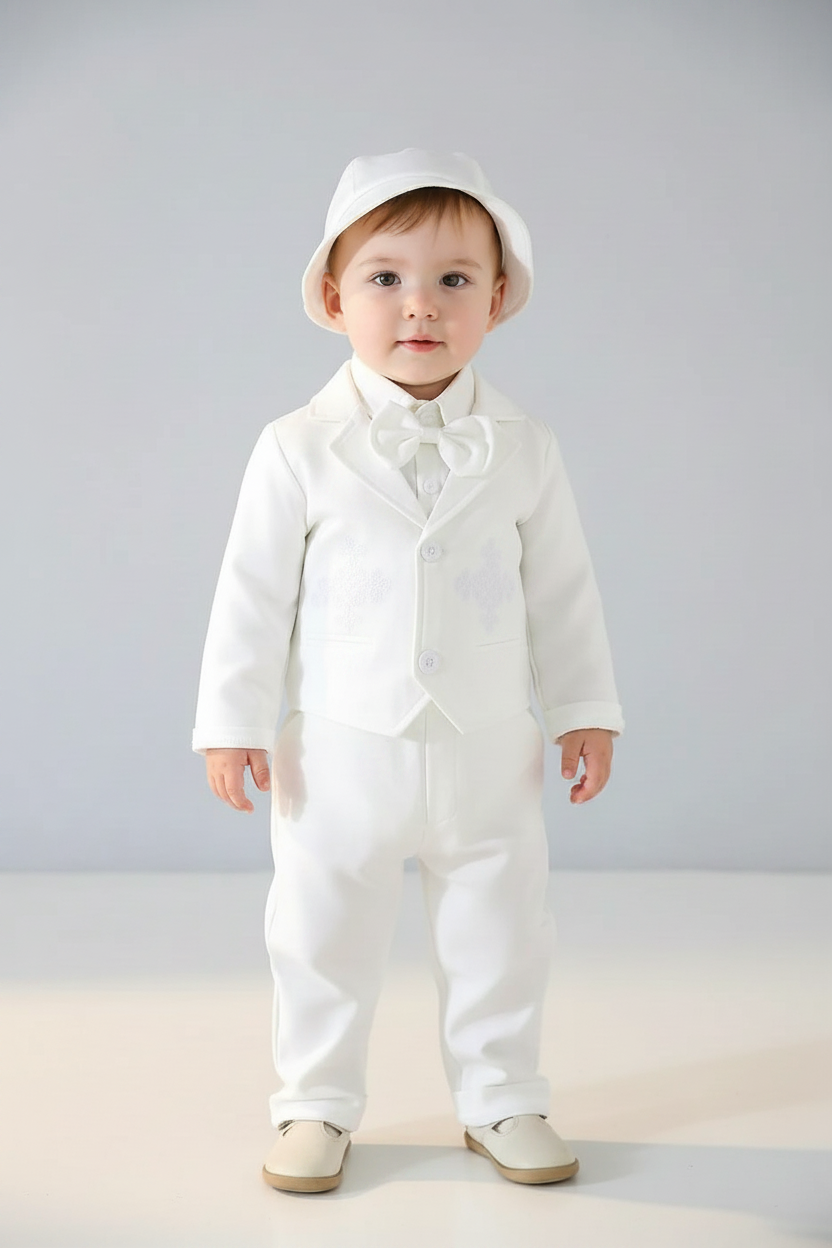Set 4 piezas bautizo camisa blanca corbata moño chaleco pantalones sombrero blanco bebe niño sa2403083111466643