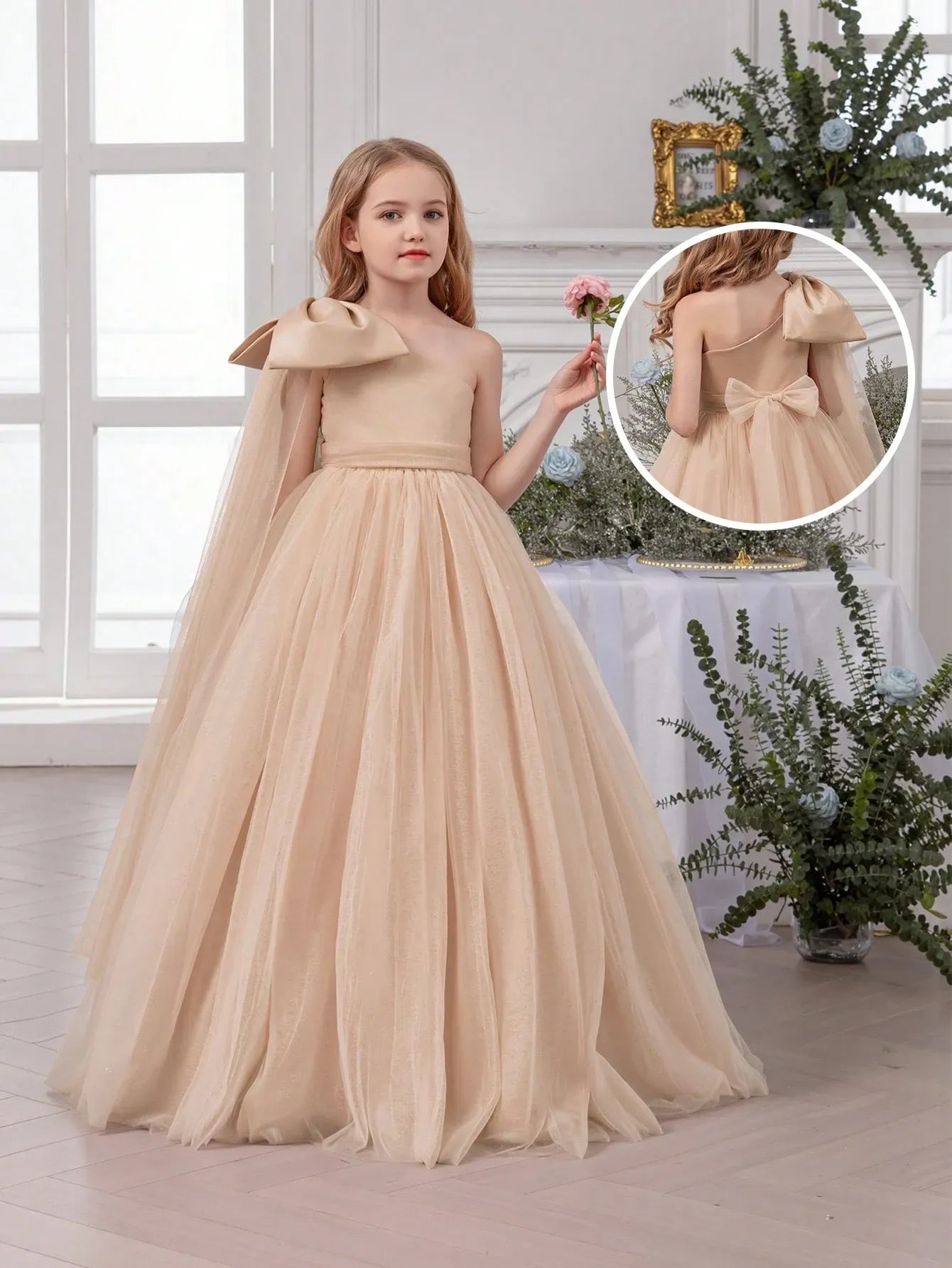 Vestido caqui chongo hombro evento gala niña sk25080143748322227
