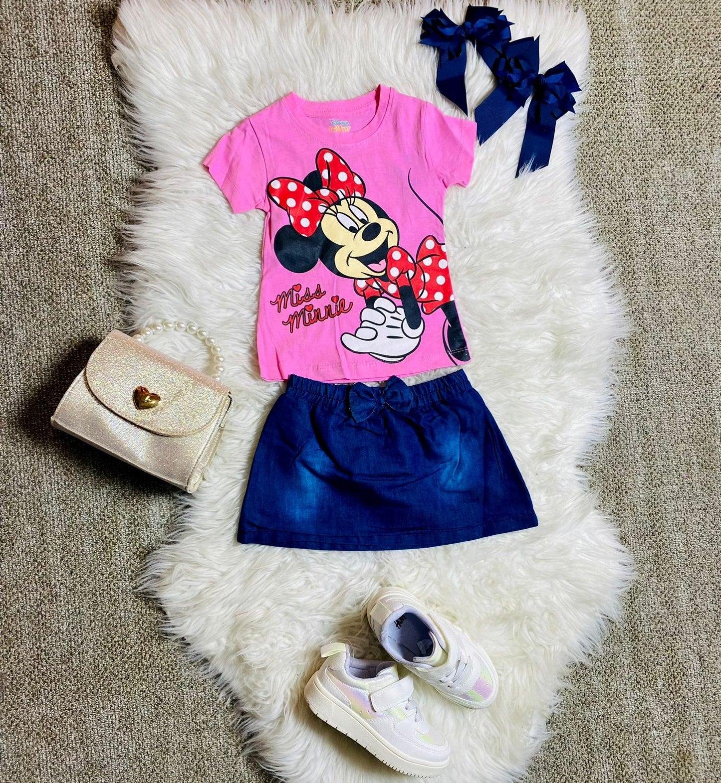 Set 2 piezas camisa rosada bebe niña Minnie Disney falda jeansD9-MI-1170B promo 2x1000 590490