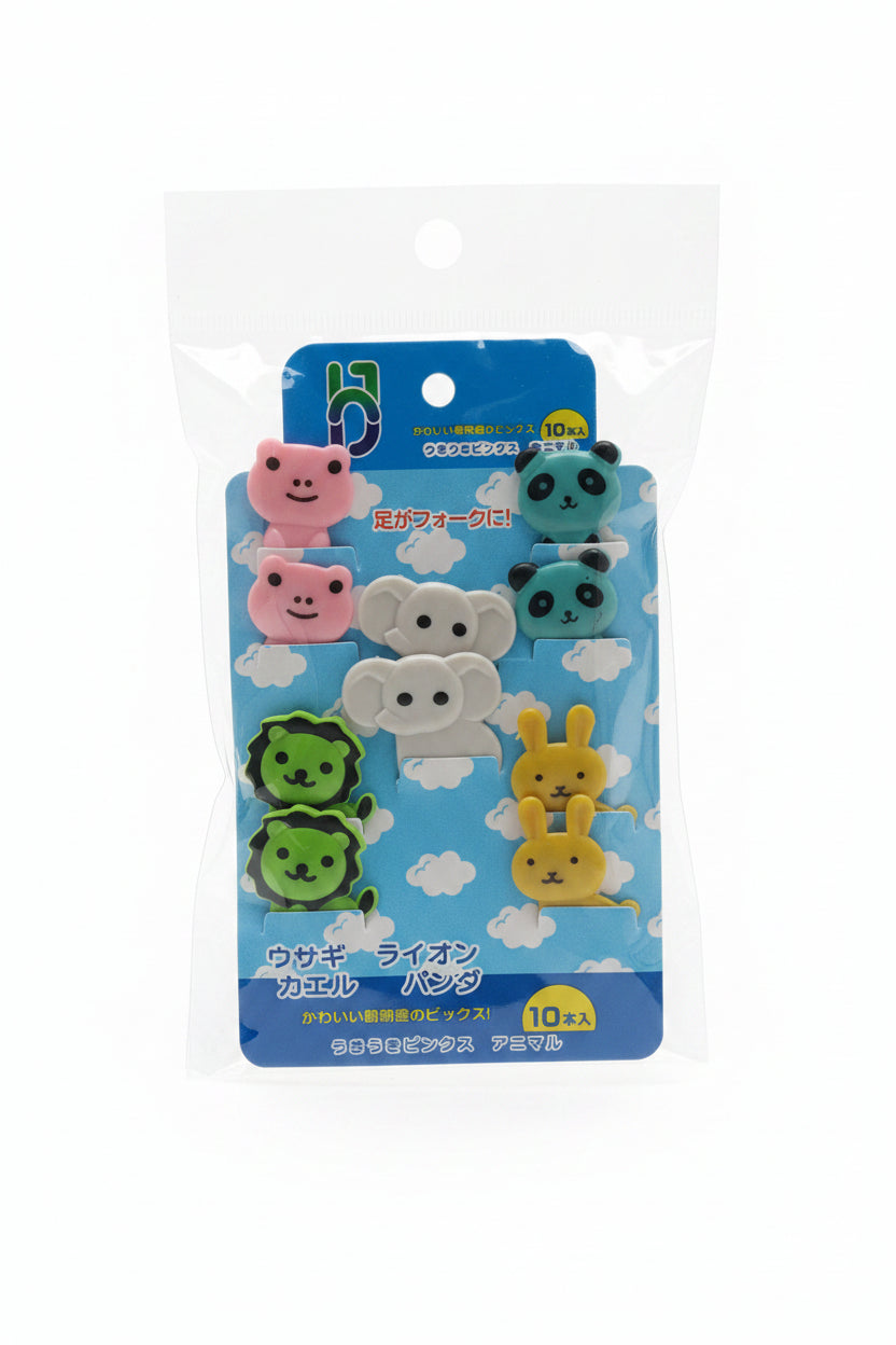 Set 10 pincho lonchera animales elefante azul gato amarillo rana blanca panda rosado león verde
