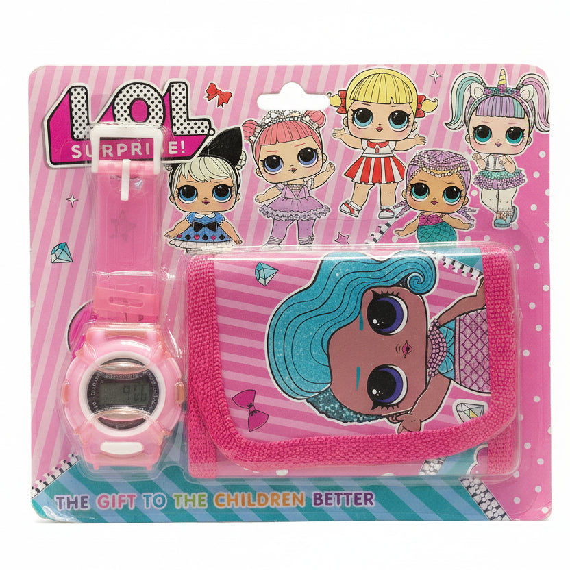 Set 2 piezas reloj billetera rosada niña LOL 5443-1