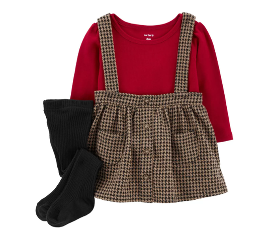Vestido overall rojo 3 piezas cuadros con camisa Carters con medias 75000560