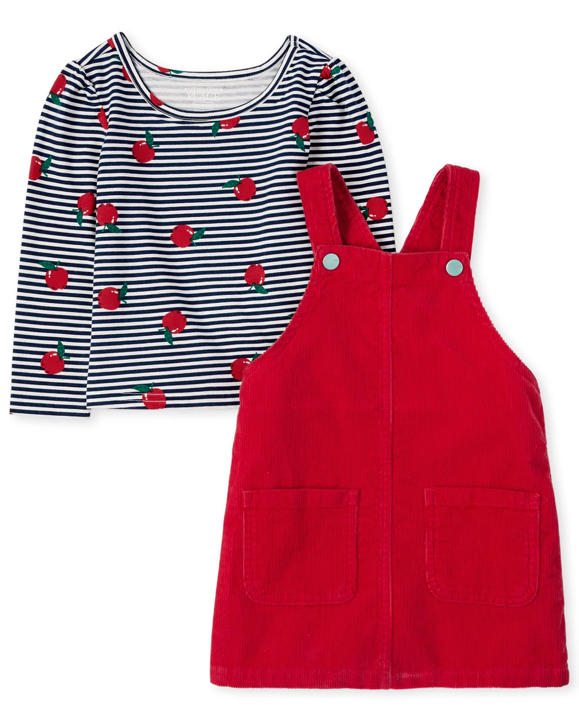 Set 2 piezas childrens place niña camisa manzana y overall vestido rojo