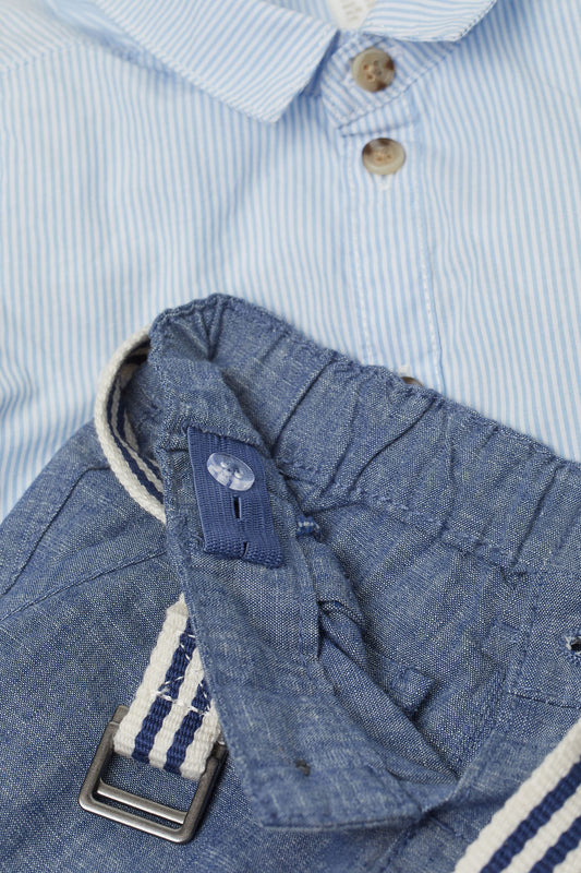Set 3 piezas niño H&M camisa formal rayas short azul faja
