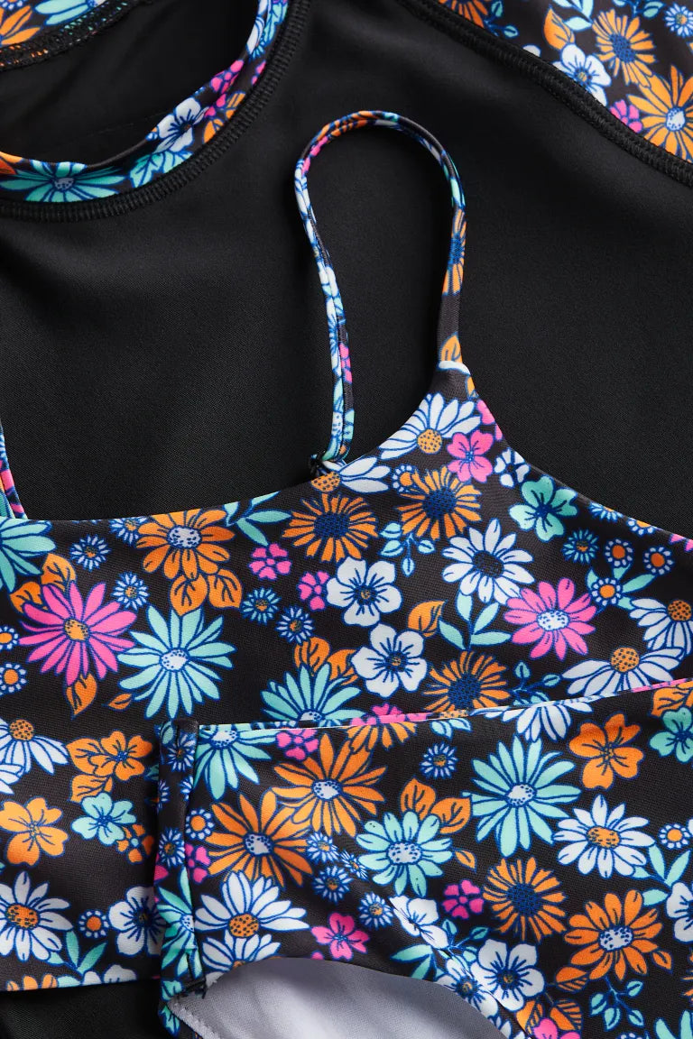 Traje de baño 3 piezas  niña H&M negro flores
