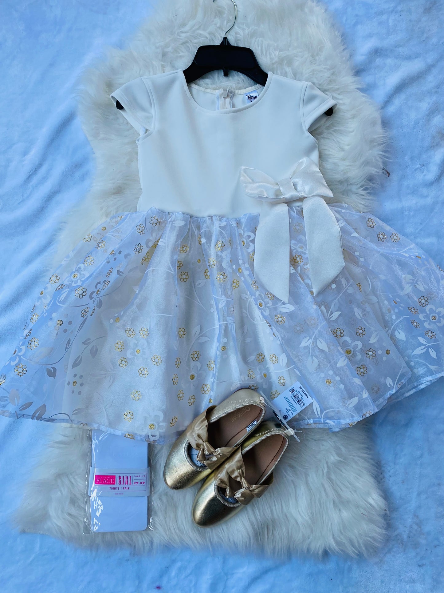 Vestido niña blanco y dorado promo 4x1000