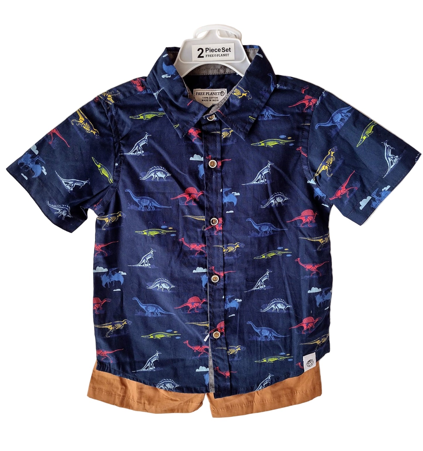 Set 2 piezas camisa azul dinosaurios short beige y camisa bebe niño