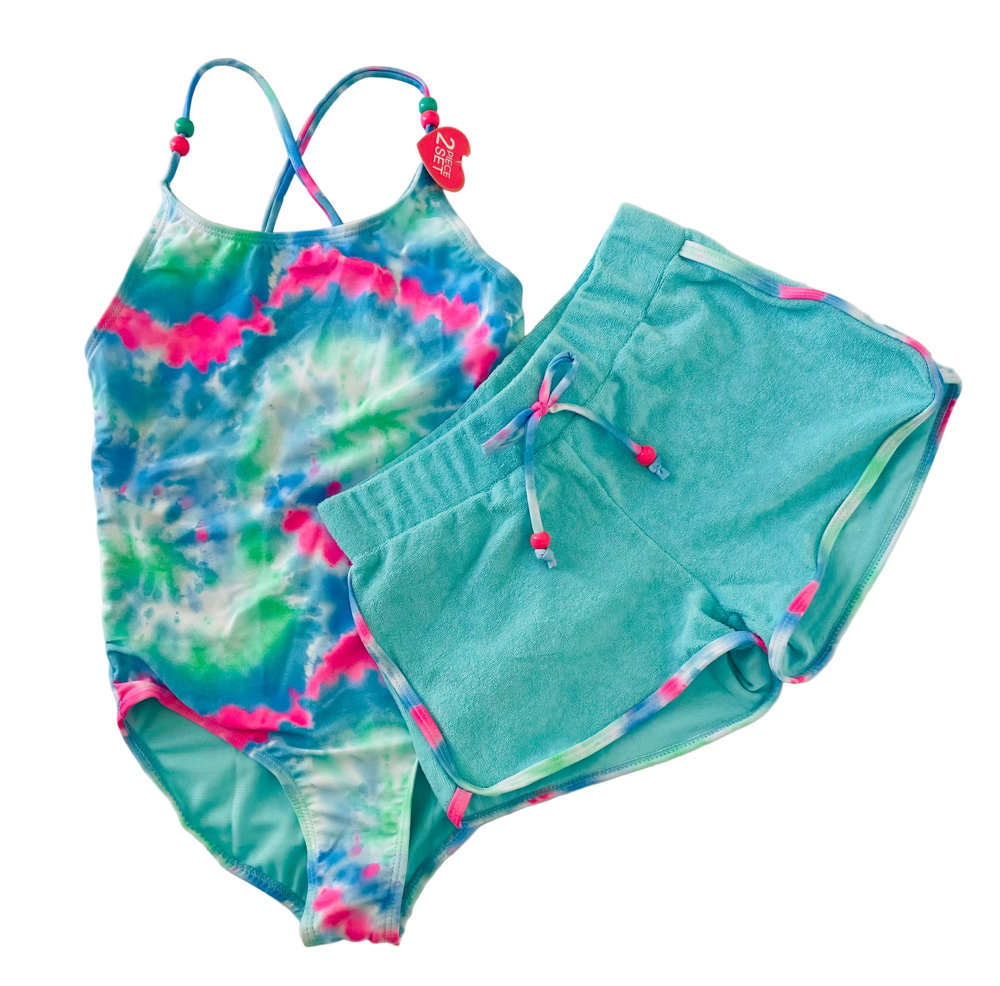 Set 2 piezas traje de baño niña short azul celeste