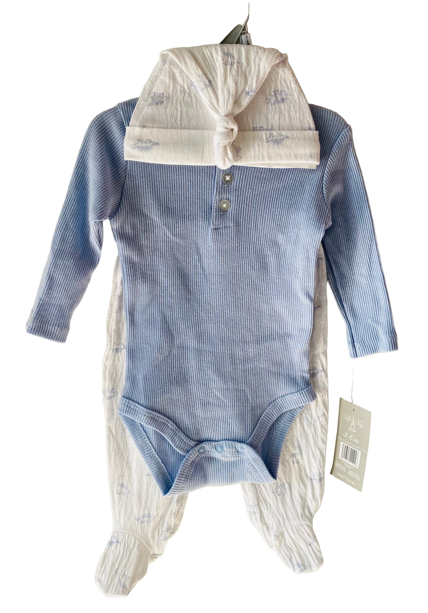Pijama Set 3 piezas azul bebe Niño gorro mameluco pantalon