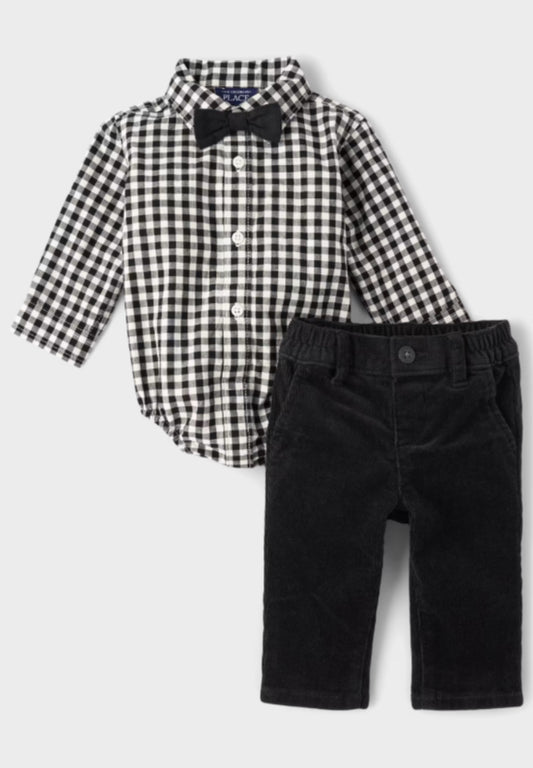 Set 3 piezas bebe niño formal camisa cuadros Pantalón jeans negro y  corbatín