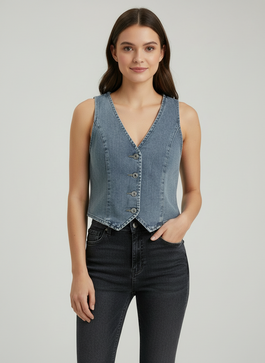 Camisa chaleco blazer azul jeans claro dama mujer